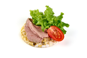 Liver pate sandwich, close-up, isolated on white background.