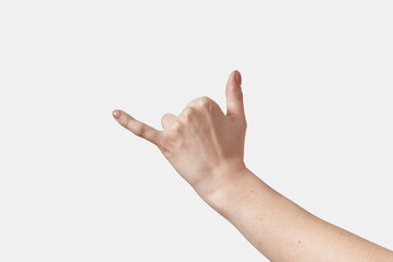 Alphabet finger language Y letter female hand on white. - obrazy, fototapety, plakaty
