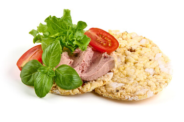 Liver pate sandwich, close-up, isolated on white background.