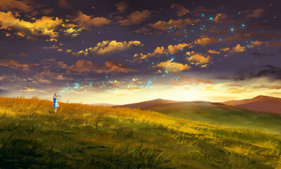 Beautiful Fantasy Landscape Illustration with Girl and Particles - 507155840