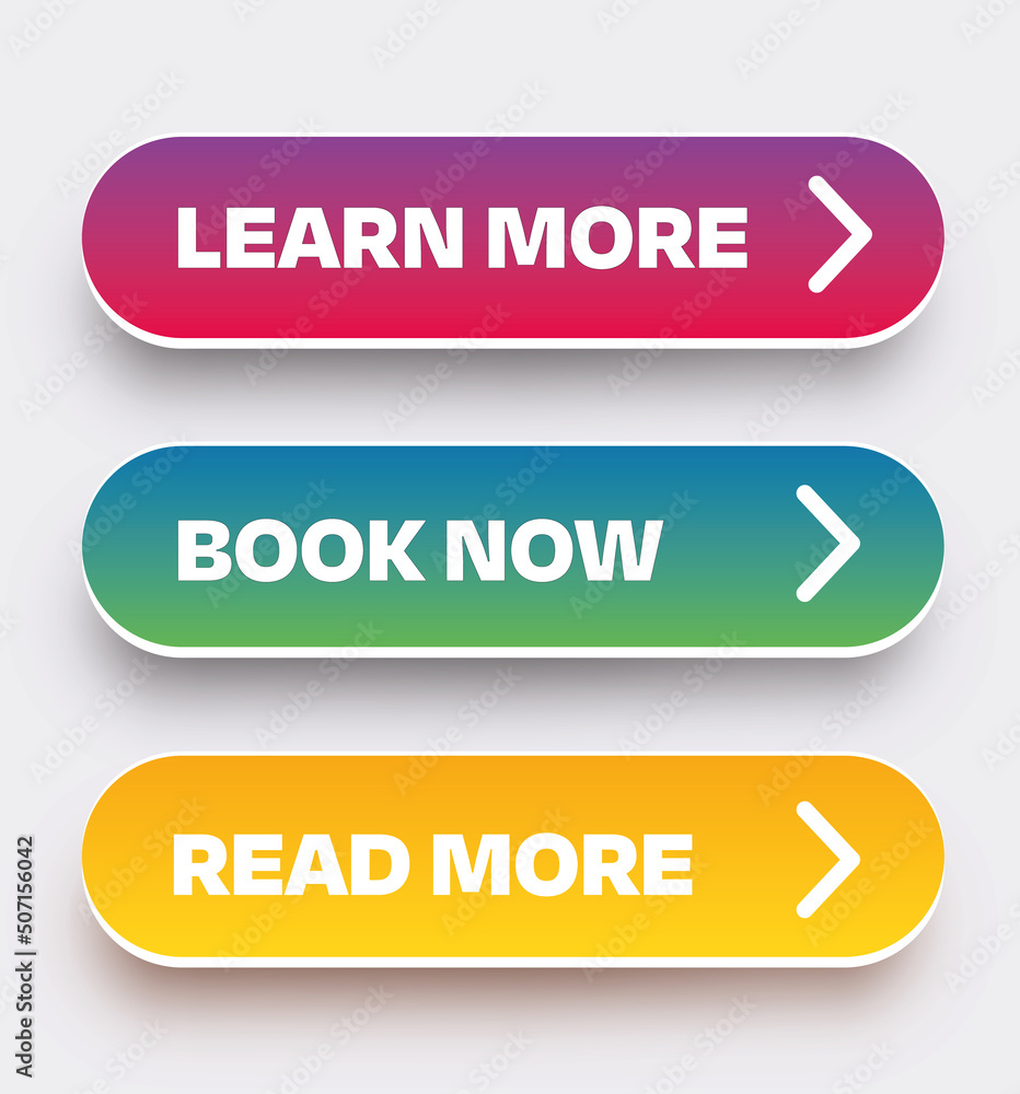 Poster Set of vector modern material style buttons. Different gradient colors and icons on white forms with shadows