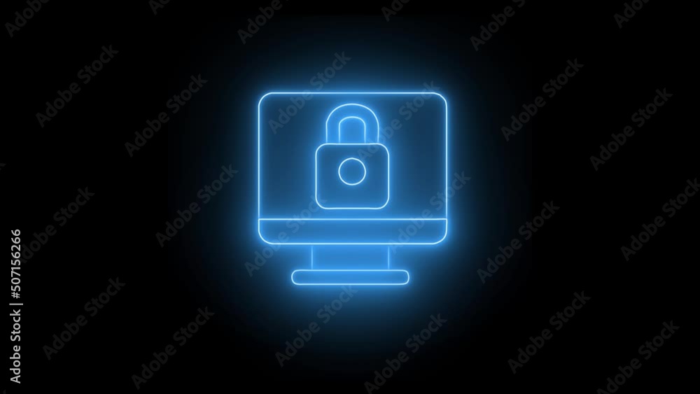 Poster security shield and padlock icon and blue light trails in computer screen