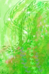 Summer. Vertical abstract background. Colored spots of green shades with color transition. Tree branches, leaves, sky, light