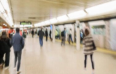 Blur of focus, people in the lobby of a public building