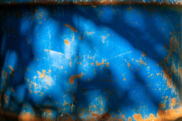 Blue metal barrel background. Rust and paint.