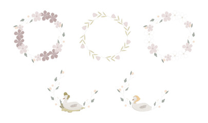Raster illustration of hand drawn wreaths with flowers, leaves and gooses