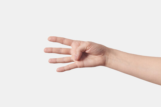 Horizontal hand counting on fingers, four.