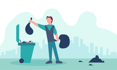 Man throwing out waste and recycling garbage. Rubbish trash bin and environment clean vector illustration. Ecology basket recycle and dump pollution environmental. Eco littering and conservation bag