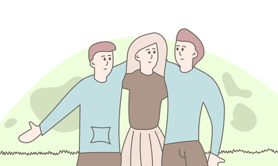 Best friend group and happy friendship person. Love forever and together character fun vector illustration concept. Togetherness support and drawn doodle hug. Teamwork inspiration and relationship