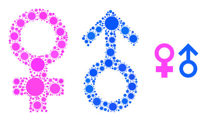 Sex sign mosaic icon. Vector collage is created from randomized Covid-2019 elements. Covid-2019 mosaic sex sign icon. Sex sign collage for epidemic images.