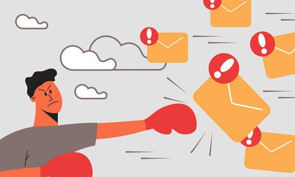 Man fight spam and internet technology protection or mail security. Message virus protect vector illustration concept and envelope hacker. Attack delivery letter and firewall check and safety email