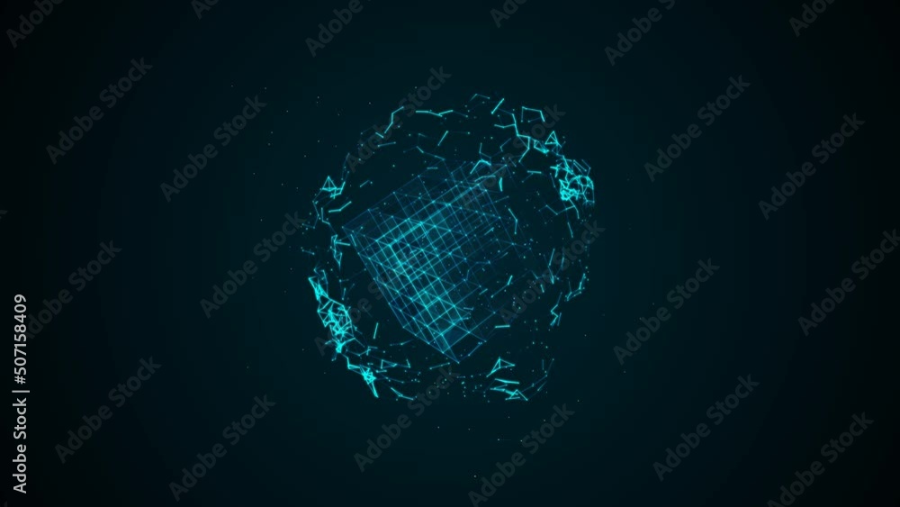 Aufkleber animated neon cube symbol in sphere. rotating digital matrix network. texture dots, lines, particles