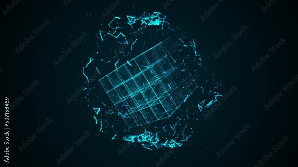 Aufkleber animated neon cube symbol in sphere. rotating digital matrix network. texture dots, lines, particles