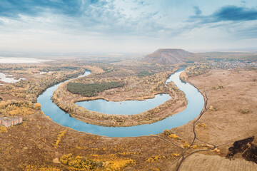 Bend of the Belaya River and the picturesque Shihan Hill. Aerial view of the tourist attractions of Bashkiria.