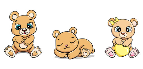 cartoon child teddy bear sits and holds heart vector sticker illustration isolated. card for boys and girls.