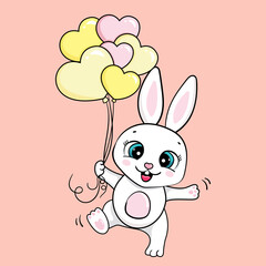 cartoon cute baby bunny jumping with heart balloons. vector illustration isolated. card for girls