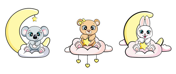 Obraz premium cartoon child set teddy bunny koala sitting on clouds under moon vector illustration isolated. card for boys and girls.