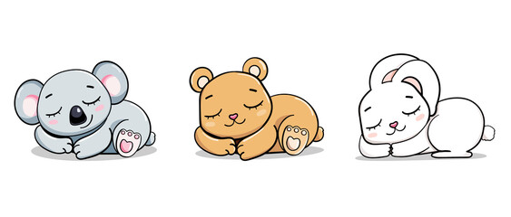 cartoon child set teddy bunny koala sleep vector sticker illustration isolated. card for boys and girls