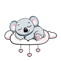 happy cartoon cute baby teddy koala sleeping on a cloud under heart vector sticker illustration isolated card