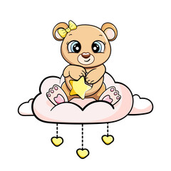 happy cartoon cute baby teddy bear sits and holds a star on a cloud under heart vector sticker illustration isolated card