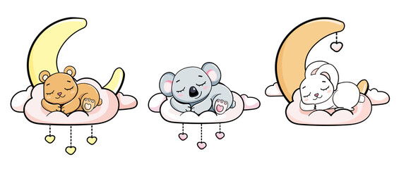 cartoon child set teddy bunny koala sleep on clouds under moon vector illustration isolated. card for boys and girls