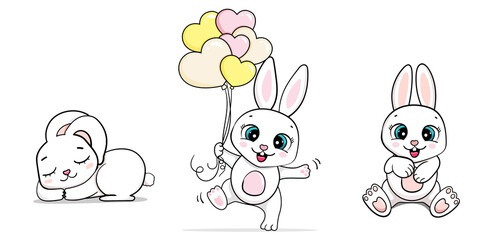 cartoon cute baby set bunny jumping with heart balloons and sleep. vector illustration isolated. card for boys and girls