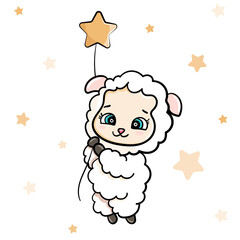 happy cartoon cute baby sheep flies and holds a star. vector sticker illustration isolated card