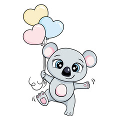 cartoon cute baby koala jumping with heart balloons. vector illustration isolated. card for boys and girls