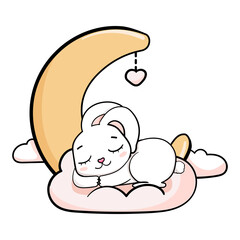 happy cartoon cute baby bunny sleeping on a cloud under moon and heart vector sticker illustration isolated card.