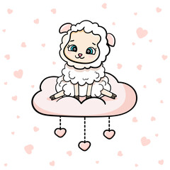 happy cartoon cute baby sheep sitting on a cloud under heart vector sticker illustration isolated card.