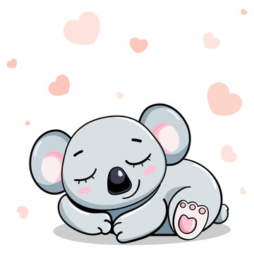 happy cartoon cute baby koala sleeps under heart, laughing vector sticker illustration isolated. card for boys and girls