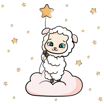 happy cartoon cute baby sheep flies and holds a star on a cloud. vector sticker illustration isolated card.