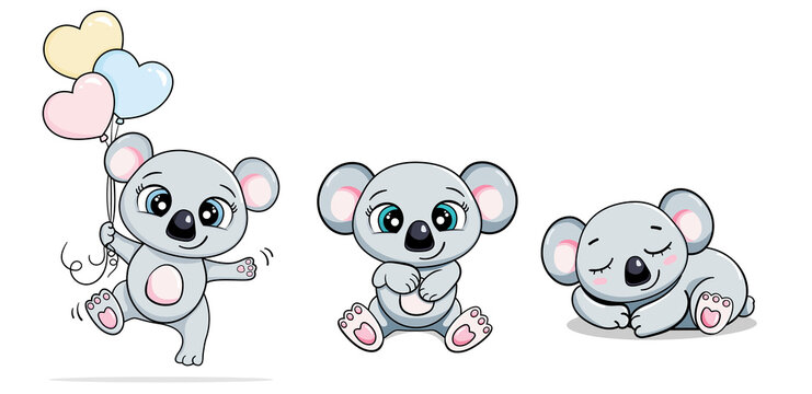 cartoon cute baby set koala jumping with heart balloons and sleep. vector illustration isolated card for boys and girls.