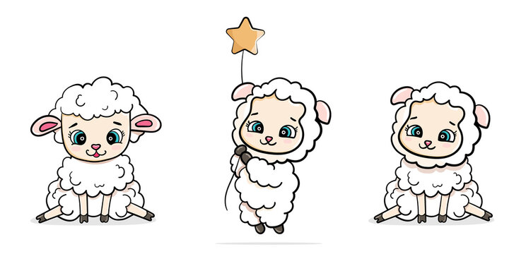 set happy cartoon cute baby sheep sitting with stars vector sticker illustration isolated card.