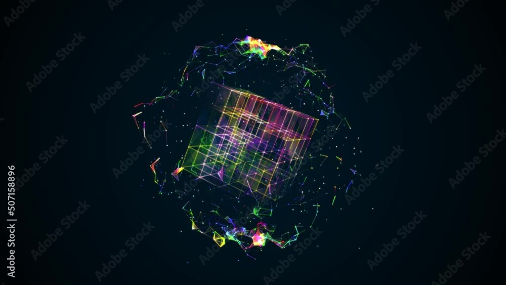 Aufkleber animated intro neon cube symbol in sphere. rotating matrix. texture plexus dots, lines, fragments, p