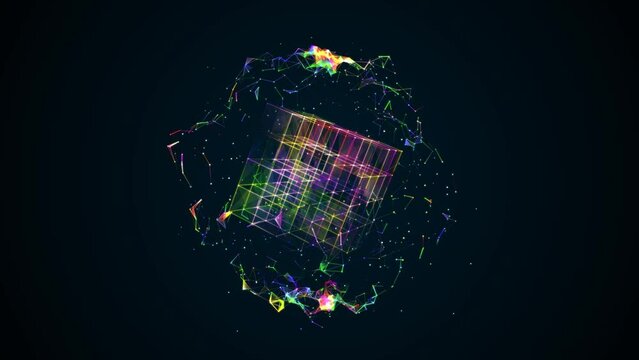Animated intro neon cube symbol in sphere. Rotating matrix. Texture plexus dots, lines, fragments, particles, squares. Digital network. Glow of cosmic energy. Background logo, technology, medicine. 4k