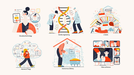 Technology Memphis illustrations -educational technology, genetic engineering, ebooks, internet of things, autonomous delivery, video conferencing technology Creative landing web page illustration set