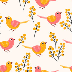 Seamless pattern with funny colorful birds, flowers, leaves and berries. Color flat vector illustration with little cartoon bird. Cute characters. Design for invitation, poster, card, textile, fabric