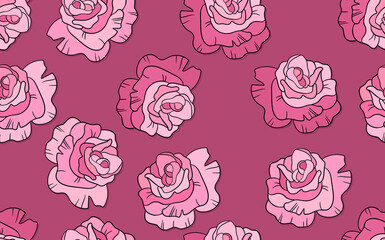 Seamless floral pattern with pink roses. Cartoon style. Design for fabric, textile, paper. Colorful flowers on color background. Vector illustration on traditional folk art ornaments