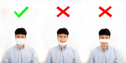 Asian men teach the right and wrong ways to wear a medical mask, suggesting proper wearing to...