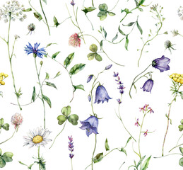 Watercolor meadow flowers seamless pattern of chamomile, cornflower, campanula and lavender. Hand painted floral illustration isolated on white background. For design, print, fabric or background.