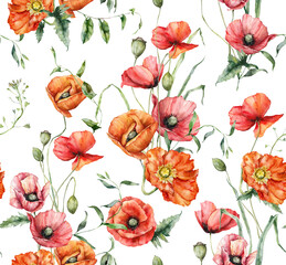 Watercolor meadow flowers seamless pattern of poppy, bindweed, capsella and geranium. Hand painted floral illustration isolated on white background. For design, print, fabric or background.