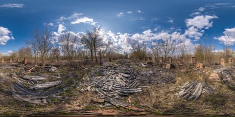 abandoned ruined wooden decaying hangar barn aftermath of bombing in full seamless spherical hdri...