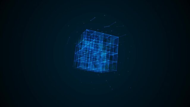 Architectural neon animated symbol of squares, rhombus, dots, particles. Texture maze. Rotating Rubik's cube. Blue glow. Energy field. Weightlessness. Background logo, technology, business. 4k.