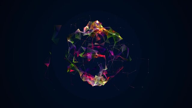 Rainbow animated sphere symbol. Chaotic rotation of lines, particles, dots, glass fragments. Texture of circle plexus icon. Background logos, presentations, technology, science, medicine. 4k