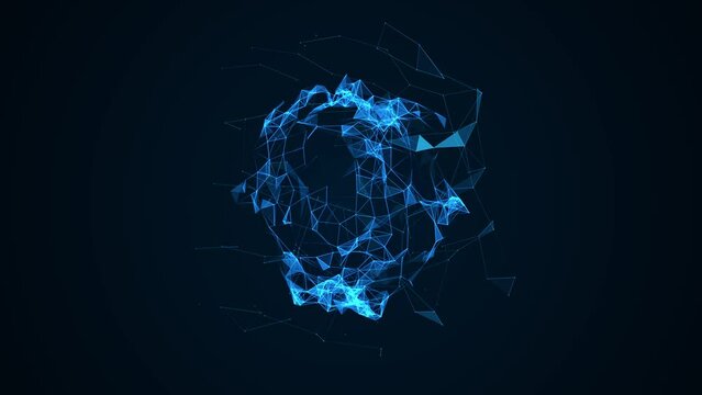 Glowing blue animated sphere symbol. Chaotic rotation of lines, particles, dots, glass fragments. Texture neon circle plexus icon. Background logos, presentations, technology, science, medicine. 4k