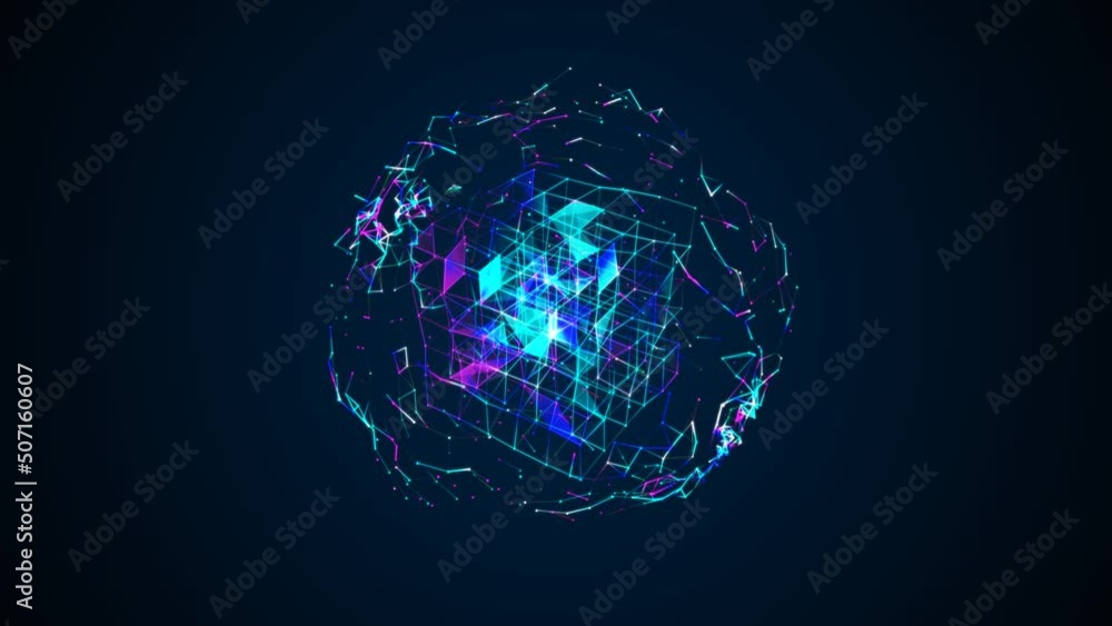 Poster animated neon cube symbol in sphere. rotating digital matrix network. texture dots, lines, particles