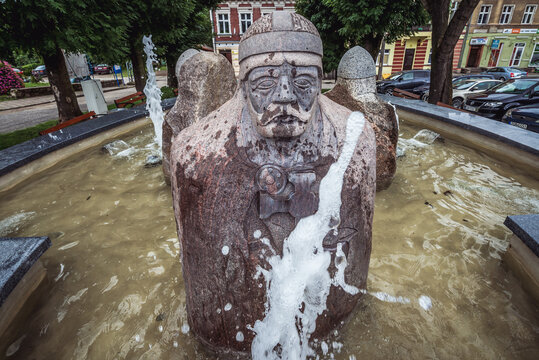 Cedynia, Poland - July 13, 2017: Fountain with knight sculptures in Cedynia town, West Pomeranian region