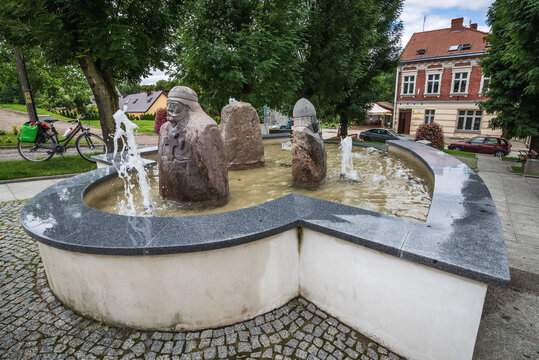 Cedynia, Poland - July 13, 2017: Fountain on main square in Cedynia town, West Pomeranian region