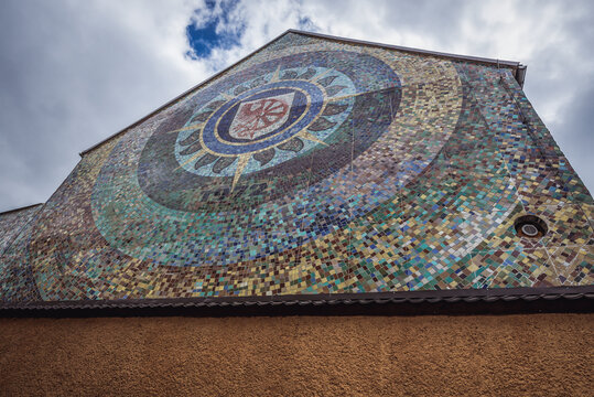Cedynia, Poland - July 13, 2017: Mosaic with Coat of arms of Cedynia town
